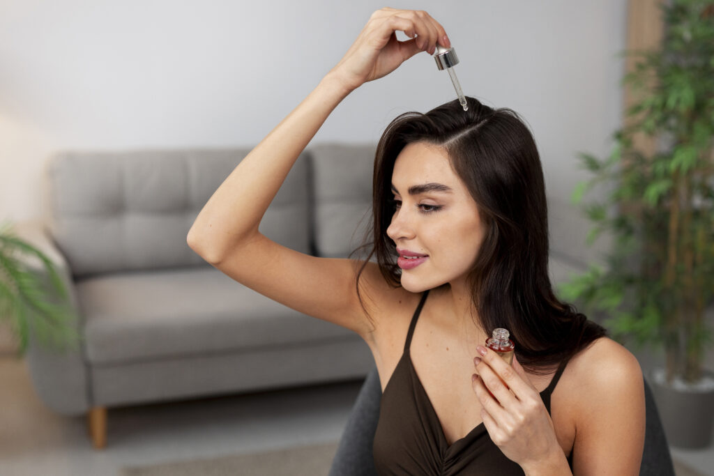 Kobieta nakładająca serum na włosy w domu – pielęgnacja po zabiegu mezoterapii