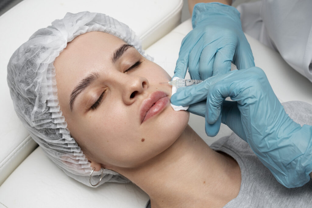 Pacjentka w profesjonalnym gabinecie medycyny estetycznej podczas zabiegu modelowania ust.